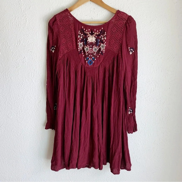 Free People Mohave Embroidered Mini Dress Maroon Sz XS - Picture 2 of 7